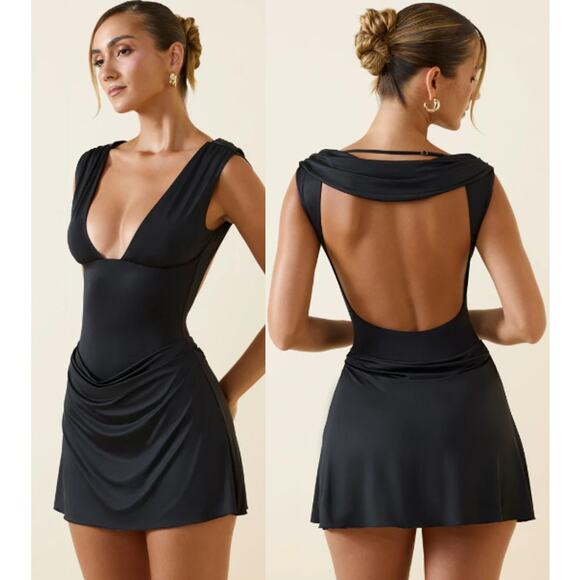 Oh Polly Nalini Plunge V-Neck Draped Open-Back A-Line Mini Dress Black Women's S - Picture 1 of 6
